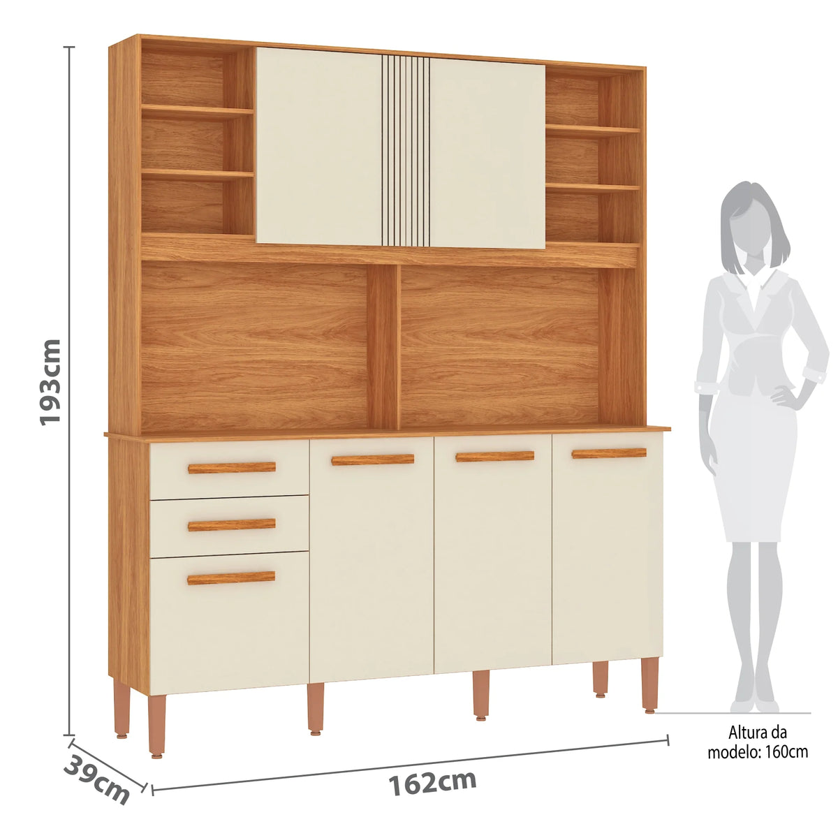 Armário de Cozinha Málaga 162 cm 6 Portas 2 Gavetas Cinamomo/Grafite – Fellicci — detalhes do produto