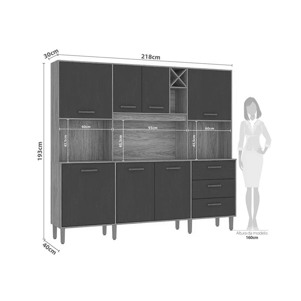 Armário de Cozinha Modena 218 cm 7 Portas 3 Gavetas Cinamomo/Grafite – Fellicci — detalhes do produto