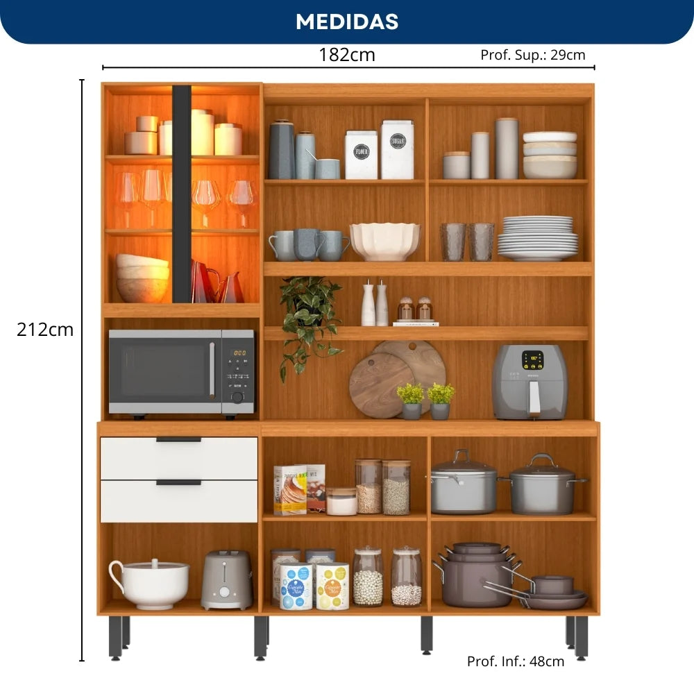 Armário de Cozinha Murano 182 cm 7 Portas 2 Gavetas Freijó UV/Off Acetinado – Poliman — detalhes do produto